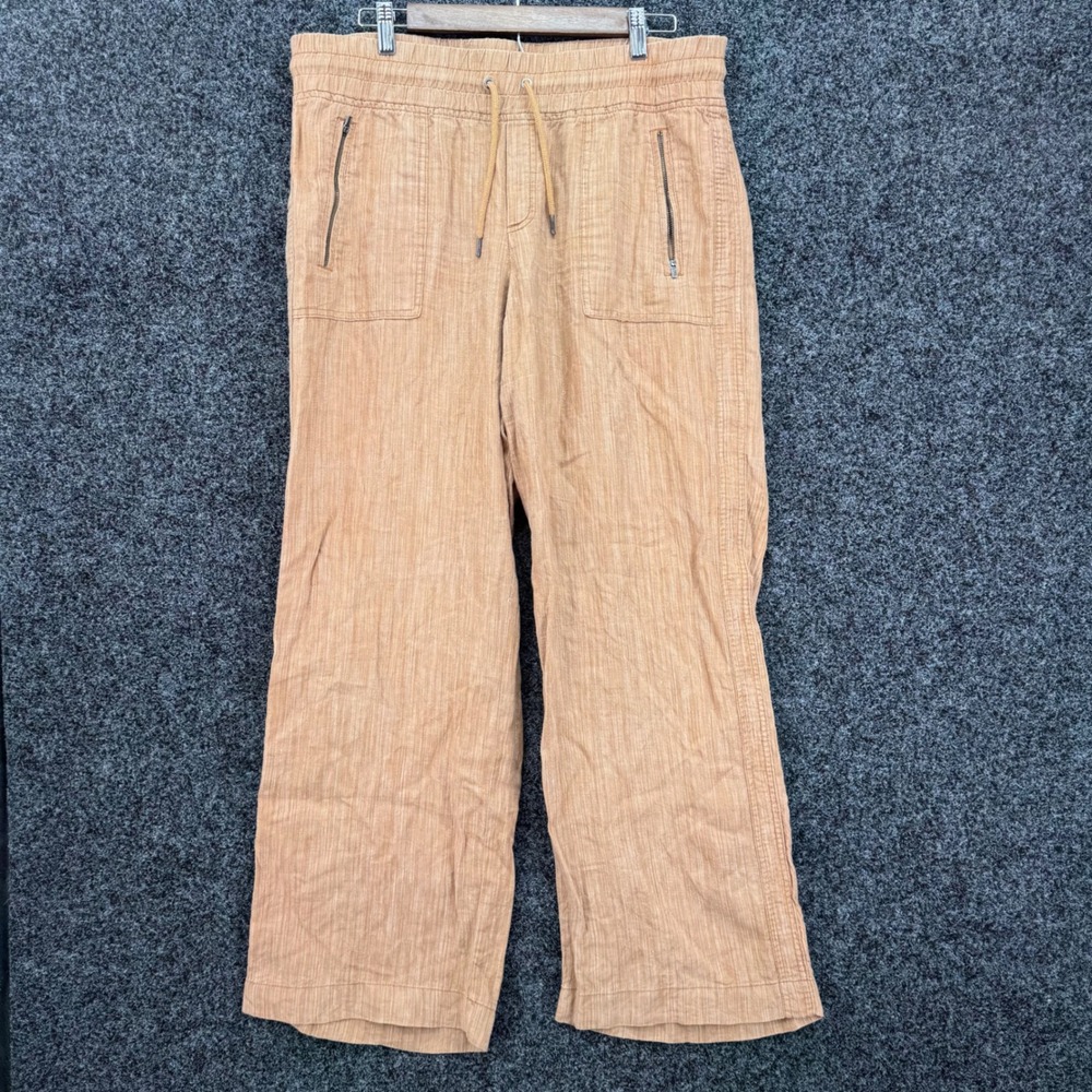 Athleta Cabo Linen Textured Wide Leg Pants Orange 14 Drawstring Zippered Pocket
